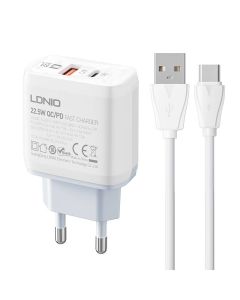 Zidni punjač LDNIO A2421C USB, USB-C 22.5W + USB-C kabel