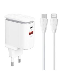 Zidni punjač LDNIO A2423C USB, USB-C + USB-C - Lightning kabel