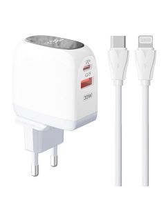 Zidni punjač LDNIO A2522C USB, USB-C 30W + USB-C - Lightning kabel