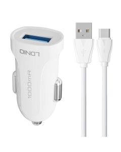 Auto punjač LDNIO DL-C17, 1x USB, 12W + USB-C kabel (bijeli)