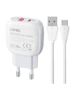 Zidni punjač LDNIO A2313C USB, USB-C 20W + MicroUSB kabel