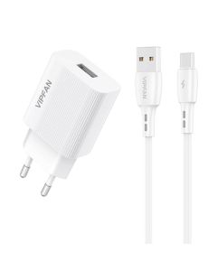 Mrežni punjač Vipfan E01, 1x USB, 2.4A + USB-C kabel (bijeli)