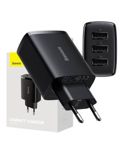 Kompaktni brzi punjač Baseus, 3x USB, 17W (crni)