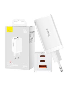 Zidni punjač Baseus GaN5 Pro 2xUSB-C + USB, 65W (bijeli)