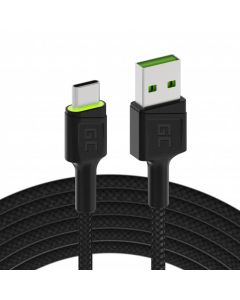 Cable USB - USB-C Green Cell GC Ray, 200cm, green LED, with Ultra Charge, QC 3.0