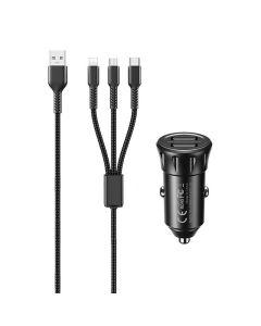 Auto punjač 2x USB, Remax RCC236, 2.4A (crni) + 3u1 kabel