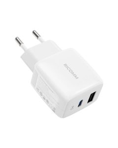 Zidni punjač 25W PD Ricomm RC252 EU, 1xUSB-A, 1xUSB-C + 2,1m USB-C kabel