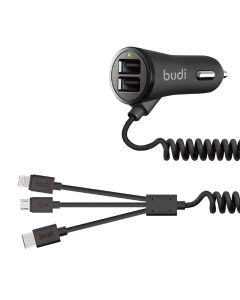 Auto punjač 2x USB Budi 068T3, 3.4A + kabel 3u1 USB do USB-C / Lightning / Micro USB (crni)