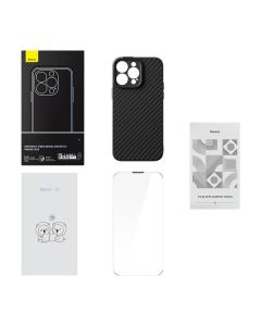 Magnetic Case Baseus Synthetic Fiber Series za iPhone 14 Pro (crna)+ kaljeno staklo + set za čišćenje