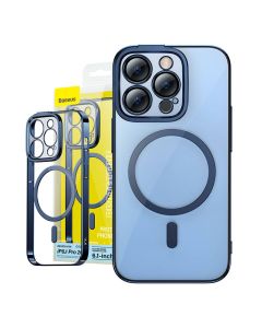 Transparent Magnetic Case Baseus Glitter and Tempered Glass set za iPhone 14 Pro (plava)