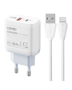 Zidni punjač LDNIO A2421C USB, USB-C 22.5W + Lightning kabel