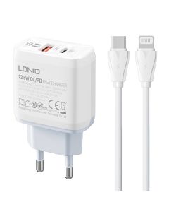 Zidni punjač LDNIO A2421C USB, USB-C 22.5W + USB-C - Lightning kabel