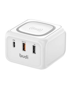 Induktivni punjač 10W Budi 317TE, 2x USB + USB-C, 18W (bijeli)